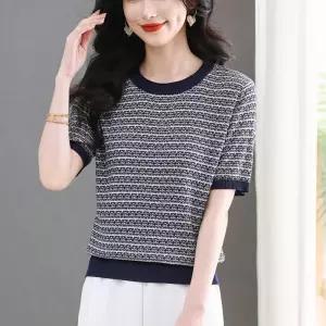 EAMT 여친 니트 여름 상의 좋고 스트라이프 얇은 보기 반팔 슬림핏 짧은 티셔츠 카디건 EUNG2