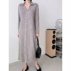 [하프클럽/]슬림 브이넥 니트 카라 골지 롱 원피스