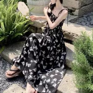 친절한탄씨 여름용 플라워 슬리브리스 밴딩 A라인 롱 드레스 해변 캐주얼 원피스 A라인원피스