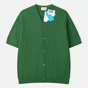 [하프클럽/]남자 쿨 코튼 와이넥 케이블 반팔 가디건 AT-CAH-Q010-그린