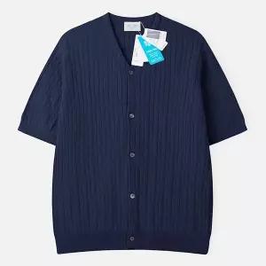 [하프클럽/]남자 쿨 코튼 와이넥 케이블 반팔 가디건 AT-CAH-Q010-네이비