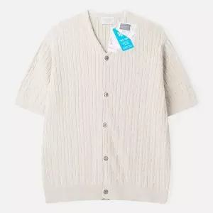 [하프클럽/]남자 쿨 코튼 와이넥 케이블 반팔 가디건 AT-CAH-Q010-회베이지