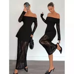 원피스 롱 여성 레이스 페미닌 무채색 오프숄더 드레스 KS1