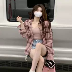 예쁜 핑크 컬러 체크무늬 포인트 간절기 캐주얼 셔츠