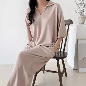 [하프클럽/]여자 오픈 반소매 카라티 통바지 빅사이즈 세트