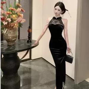 원피스 여자 레이스 홀터넥 비즈 벨벳 드레스 치파오 KS1