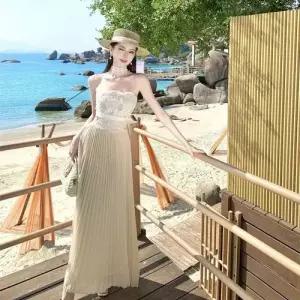 여성용 원피스 치마 여름 레이스 민소매 롱스커트 A라인 백 톱 OP2