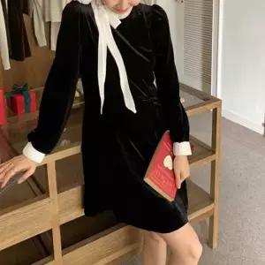 시크 벨벳 배색 리본 원피스 파티룩 연말 미니드레스