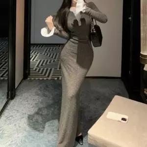 슬림핏 숄카라 골지 니트 롱 원피스 데이트룩 여신핏