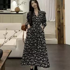 랩스타일 브이넥 플라워 원피스 쉬폰 봄가을 시폰 A라인 긴팔