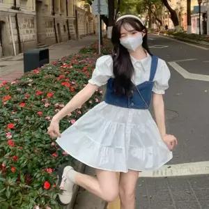 반팔 데님 셔츠 원피스 여름 뷔스티에 크롭 퍼프 여자