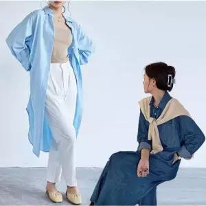 남방 광택 데님 셔츠형 여자 원피스 청 롱셔츠 소프트