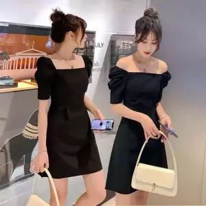 퍼프 오프숄더 블랙 핀턱 스퀘어넥 여자 미니원피스
