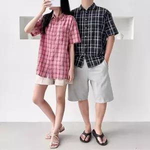 볼카 남녀공용 린넨 체크 반팔셔츠 여름남방 SD-250637