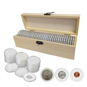 호환 나무 동전 홀더 컬렉션 상자 20mm/25mm/30mm/35mm/40mm/46mm 동전 주최자에 대 한 조정 가능한 가스 켓과 33Pcs 동전 캡슐