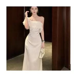 엘럽 여자 쉬폰 원피스 프렌치 일자 어깨 여름 풍백 히프 머메이드 롱스커트 원템2