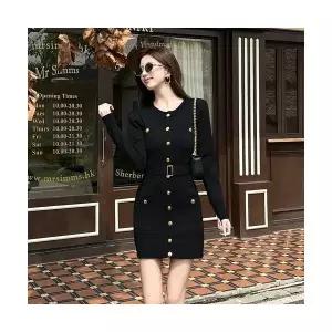 엘럽 여자 정장 원피스 벨트 긴팔 라운드 니트 가을 힙업 스커트 원템3