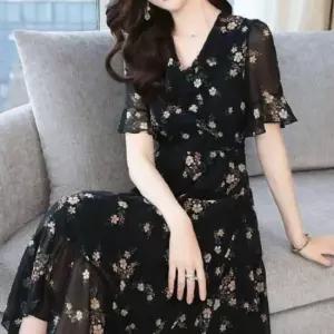 친절한탄씨 봄 가을용 여성 반팔 쉬폰 롱 플라워 프릴 원피스 가을원피스 쉬폰원피스 플라워원피스