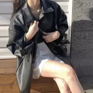 친절한탄씨 여성용 오버핏 인조가죽 하프 코트 캐주얼 블랙 레더 점퍼 아우터 재킷 가죽자켓 가죽코트