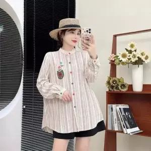 여친 셔츠 프레시 칼라 스트라이프 톱 긴팔 차이나 레이스 자수 KS1