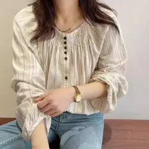 캐주얼 여사친 긴팔 스트라이프 셔츠 슬림핏 카디건 톱 라운드넥 KS1