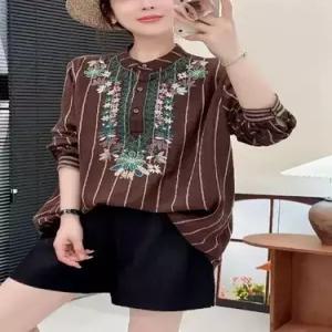 가을 여사친 차이나 풀오버 자수 셔츠 긴팔 스트라이프 KS3