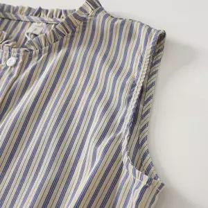 여친 하계 스트라이프 셔츠 루즈핏 차이나 민소매 상의 KS1