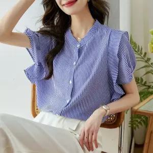 여친 빈티지 하계 블라우스 차이나넥 스트라이프 톱 쉬폰 프렌치 슬림핏 셔츠 KS1