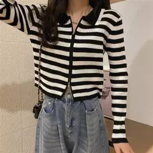 스트라이프 니트 집업 가디건 단가라 숏한기장 슬림핏