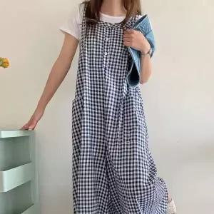 [하프클럽/]F36726 체크 면마 멜빵바지 점프슈트 와이드 치마바지