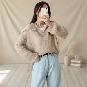 여성 루즈핏 빅카라 알파카 꽈배기 니트