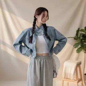 여성 봄 연청 하이넥 버튼 크롭 면자켓 피크닉룩