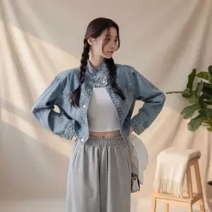 [하프클럽/]여성 봄 연청 하이넥 버튼 크롭 면자켓 피크닉룩