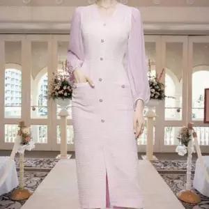 브이넥 여성 트위드 원피스 하객룩 트위드 롱 원피스 결혼식 데일리