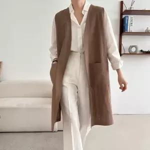 여성 쿨 썸머 린넨 무지 포켓 롱조끼 마 베스트