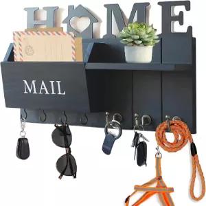 선반과 후크가 있는 소박한 벽 열쇠 홀더 - 입구용 우편물 정리함 코트 개 목줄-블랙용 나무 랙