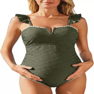 여름 메이 러플 골지 임부 수영복 원피스 브이와이어 쉘 스티치 조절 스트랩 임신