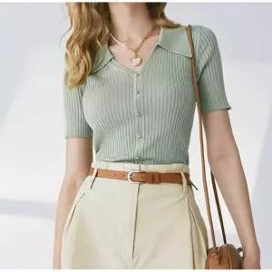 반팔 여성용 스트리트 스웨터 턴다운 니트 브이넥