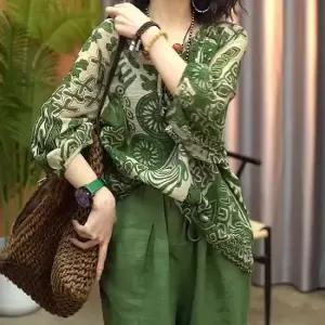 [오아즈] 에스닉 그린 루즈핏 보헤미안 블라우스