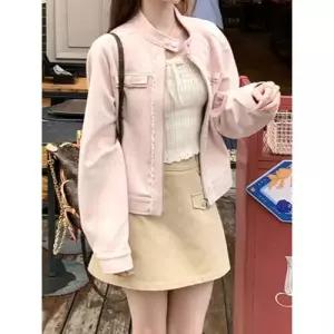 분홍 가을 여자야구점퍼 쇼트 긴팔 루즈핏 세무 코트 부드러운 야구 점퍼 톱 ible3