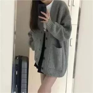 2색 골지 여자 간절기 V넥 두꺼운 니트 가디건 단추