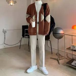 [하프클럽/옷자락]남자 오버핏 브이넥 브라운 가을 아가이 니트 가디건