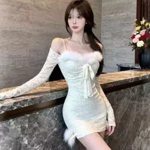 여친 원피스 치마 봄 이너로 슬림핏 일자 레이스 어깨털 힙업 KS1