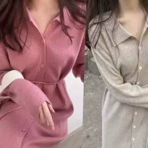 루즈핏 카라 니트 원피스 베이직 여성 니트 원피스 단추 가을