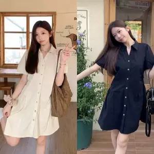 루즈핏 카라 셔츠 셔링 원피스 반팔 캐주얼 휴가룩