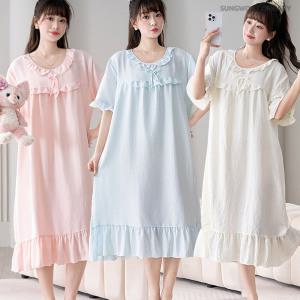 이너퀸 프리수 여성용 빅사이즈 라운드 셔링 프릴 카라 리본 캉캉 반팔 반소매 자가드 코튼 레이온 여름 롱 원피스 잠옷 홈웨어 이지웨어 코튼자가드원피스