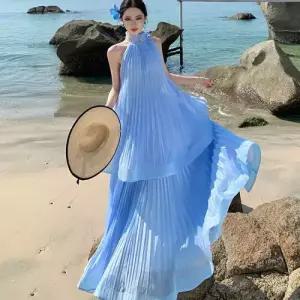여자 원피스 코디 플리츠 해변 민소매 바캉스룩 홀터넥 프렌치 롱스커트 스포M1
