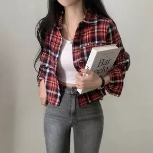 크롭 체크 셔츠 남방 긴팔 루즈핏 여성 봄 가을 간절기 캐주얼 아우터