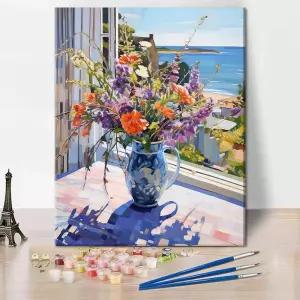 프레임리스 야생화 페인트 번호 키트 DIY 꽃병 선물로 초급 캔버스 유화 테이블 위의 16x20 창문 아트 공예