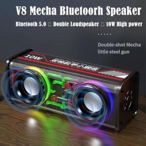 V8 투명 메카 스피커 블루투스 5.0 무선 더블 베이스 다이어프램 서브우퍼 음악 TWS RGB 라이트 미니 파티